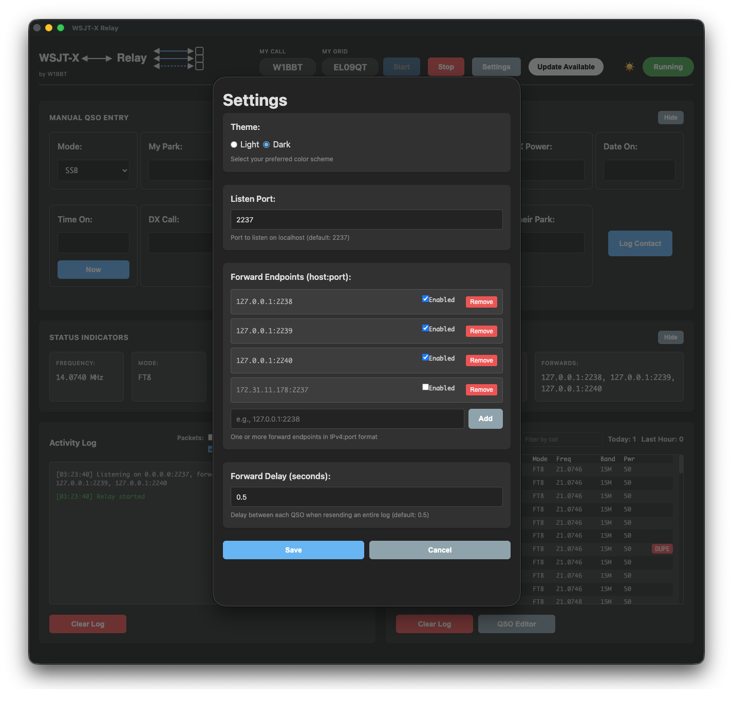 WSJT-X Relay settings window